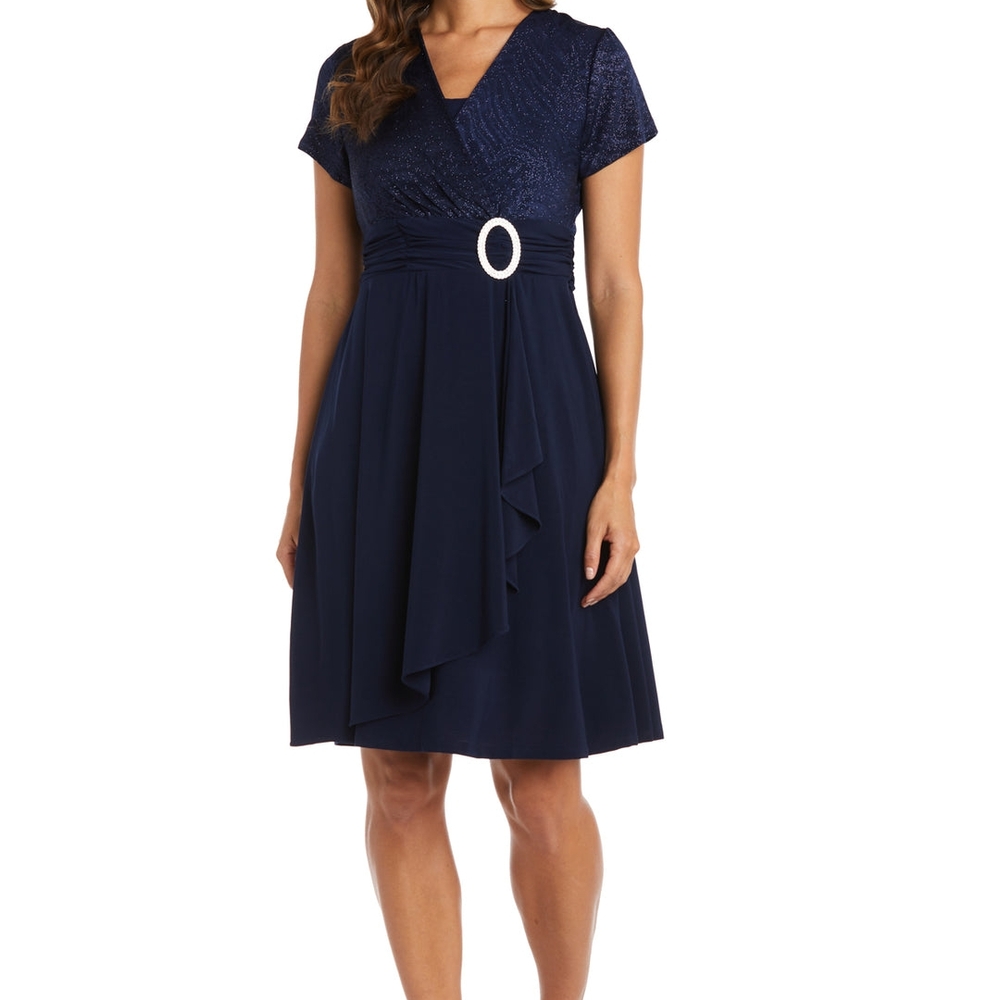 R & M Richards Cascade Wrap Dress with Waist Sash Size 8 Navy NWT Formal Party